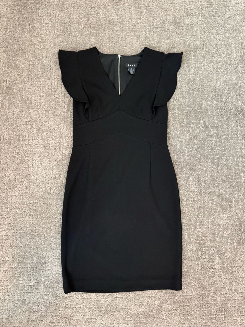 EUC Black DKNY ruffle shoulder cocktail dress, size 6.